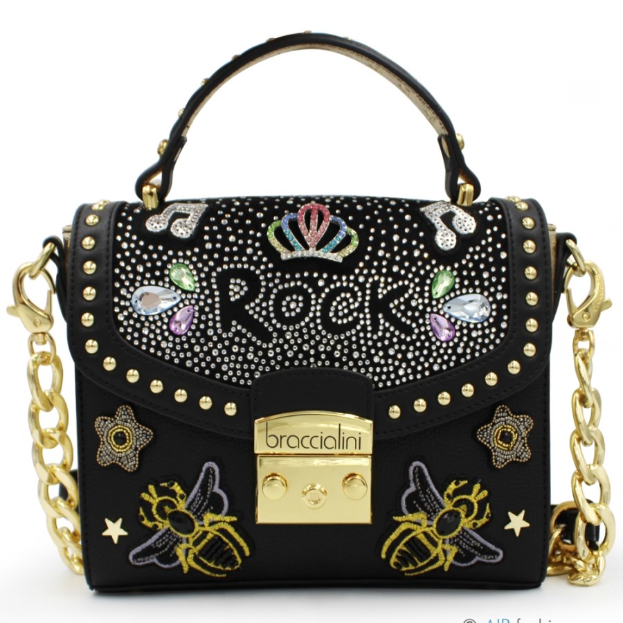 Sacs Pour Dames Braccialini | Sac A Main Braccialini Rock Noir / Or Avec Broderie, Cristaux Et Clous B17421-Yy-818-Uni