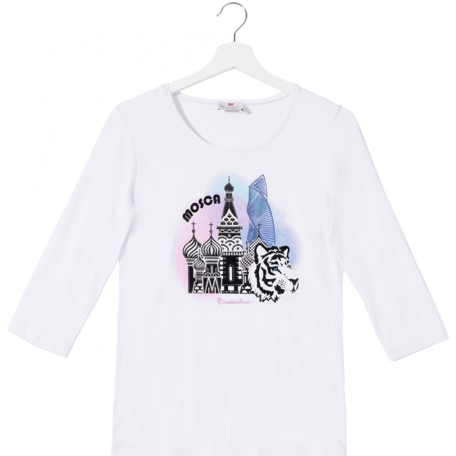 Vetements Assortis Pour Dames Pour Sacs Braccialini | Braccialini T-Shirt Blanc A Manches Trois-Quarts Pour Femmes, Avec Applique De Moscou Btop185