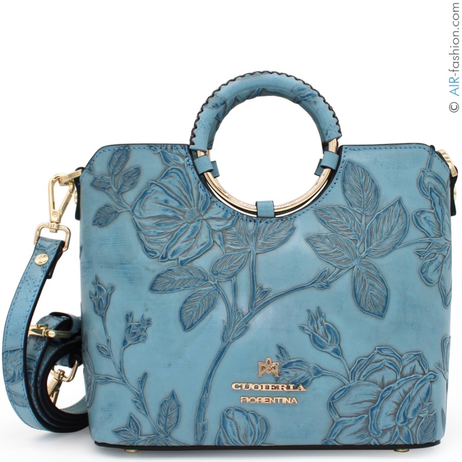 Sacs Pour Dames Cuoieria Fiorentina | Cuoieria Fiorentina Petit Sac En Cuir Bleu Clair Avec Roses En Relief, Fabrique En Italie B000005567385-Celeste