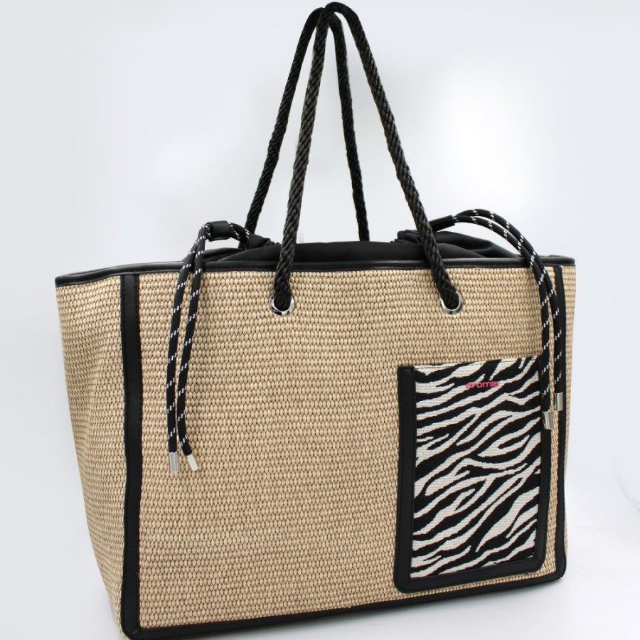 Sacs Pour Dames Cromie | Sac Cromia Maxi Shopper En Paille Tissee, Couleur Naturelle Et Noire 1405207