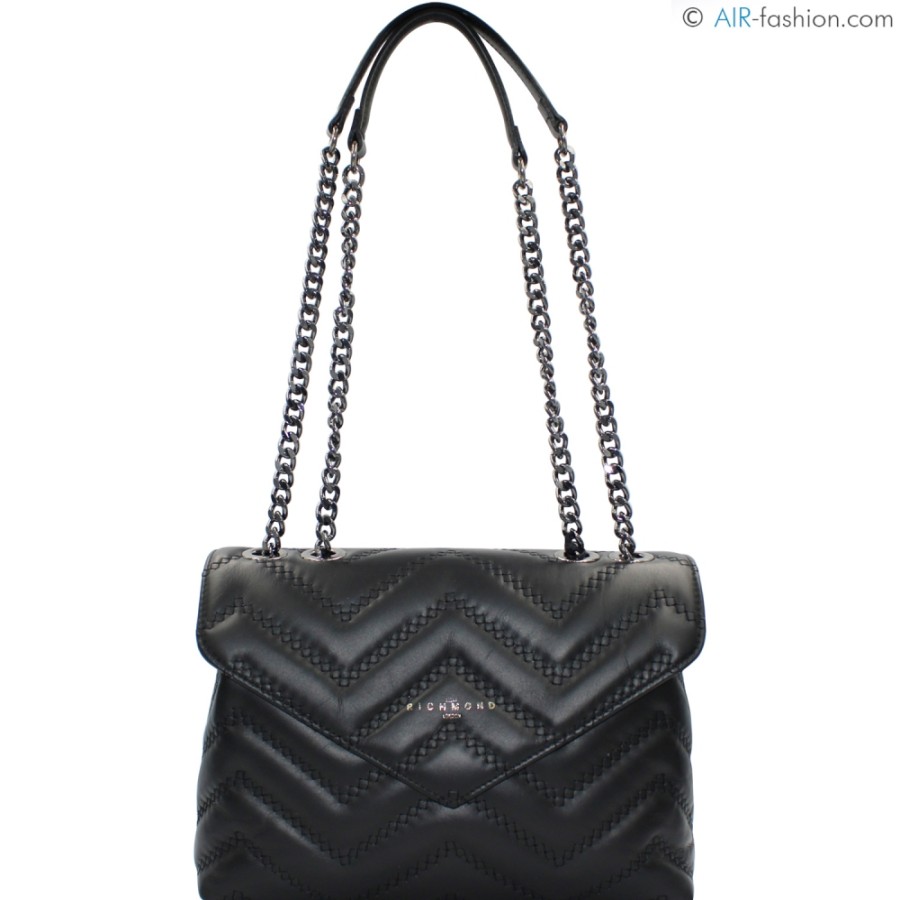 Sacs Pour Dames John Richmond | Sac En Cuir Noir Matelasse John Richmond Avec Poignees En Chaine Jr-W-1029