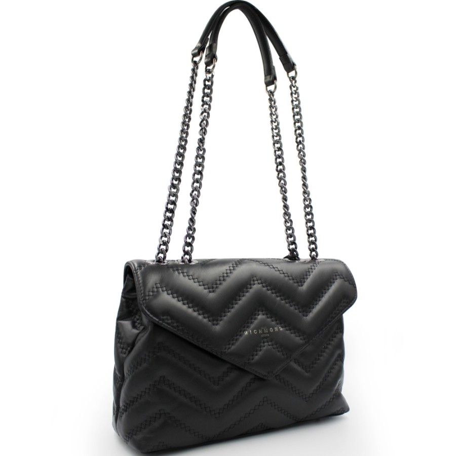 Sacs Pour Dames John Richmond | Sac En Cuir Noir Matelasse John Richmond Avec Poignees En Chaine Jr-W-1029