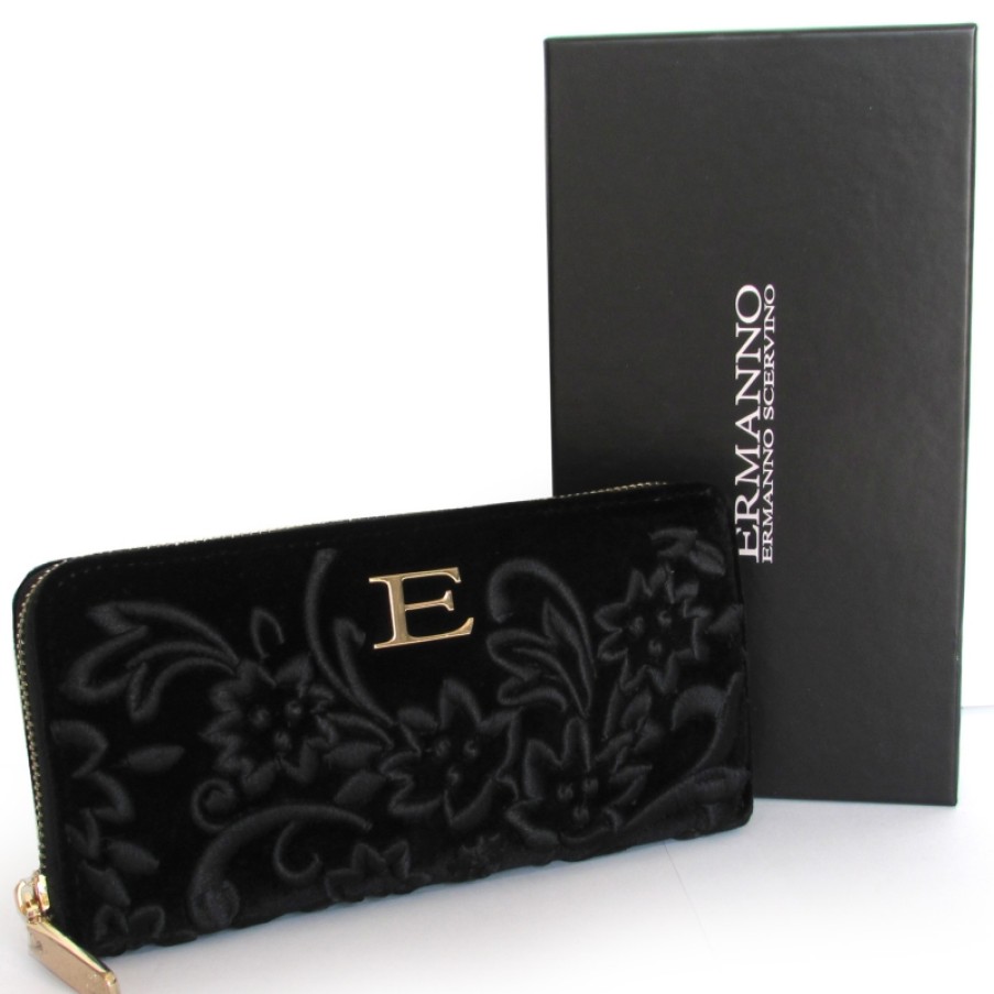 Accessoires Pour Dames ERMANNO Ermanno Scervino | Ermanno Ermanno Scervino Portefeuille Zippe En Velours Noir Pour Femme Avec Broderie 12600077