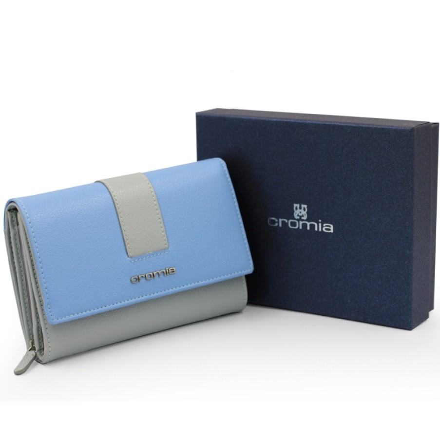 Accessoires Pour Dames CROMIA | Portefeuille Femme Cromia En Cuir Souple Gris-Bleu Fabrique En Italie 8051978063773