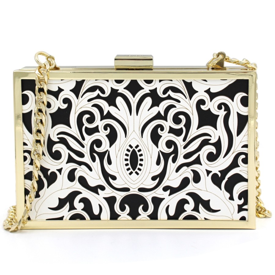 Sacs Pour Dames CLASSE Cavalli | Avalli Class Mini Pochette En Metal Et Cuir Noir-Blanc Avec Decor Arabesque C83Pwcr80012B01