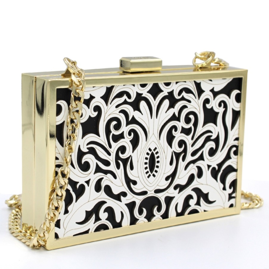 Sacs Pour Dames CLASSE Cavalli | Avalli Class Mini Pochette En Metal Et Cuir Noir-Blanc Avec Decor Arabesque C83Pwcr80012B01