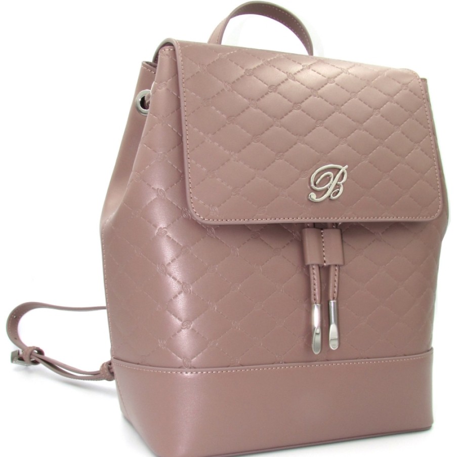 Sacs Pour Dames Blumarine | Blumarine Sac A Dos En Cuir Beige-Rose Avec Monogrammes B83Pwb690072050