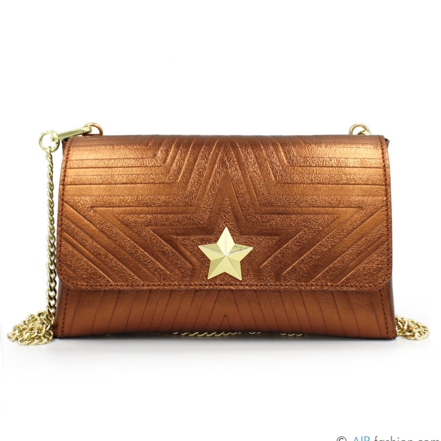 Sacs Pour Dames M*BRC | M*Brc Pochette En Cuir Metallise Bronze Avec Bandouliere En Chaine F223_Bronzo