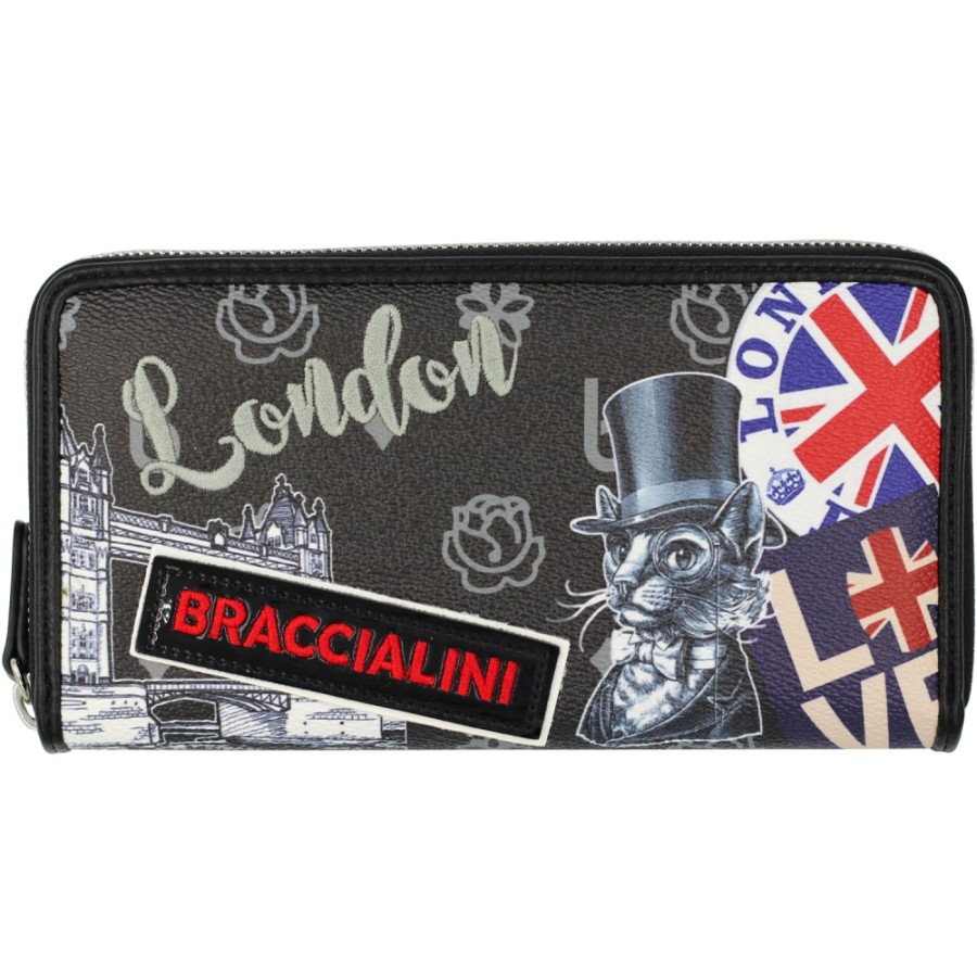 Accessoires Pour Dames Braccialini | Braccialini Portefeuille Zippe Pour Femme, Noir Avec Applique, Theme : Attractions Touristiques De Londres B16295_126-Ca