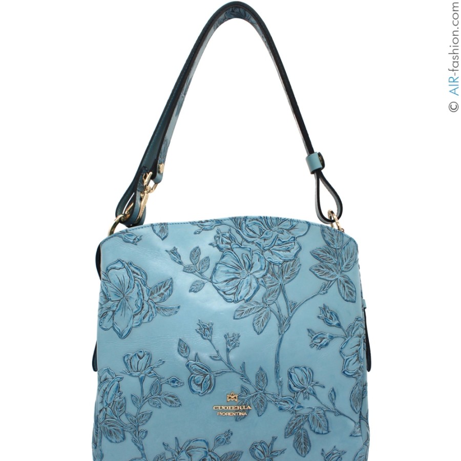 Sacs Pour Dames Cuoieria Fiorentina | Cuoieria Fiorentina Sac Hobo En Cuir Toscan Bleu Clair Avec Roses En Relief, Fabrique En Italie B000001651385-Cel