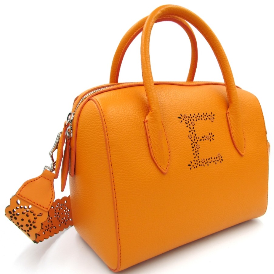 Sacs Pour Dames ERMANNO Ermanno Scervino | Ermanno Ermanno Scervino Sac Bowling En Cuir Orange Avec Sangle Perforee Fabrique En Italie 12400320