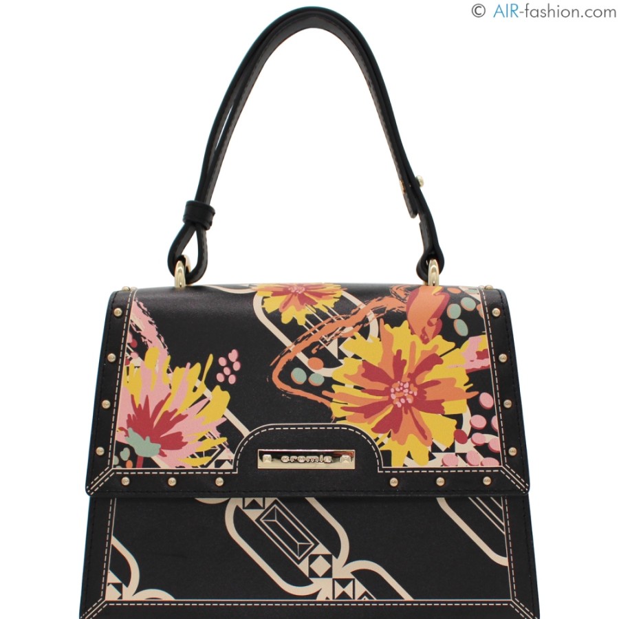 Sacs Pour Dames Cromie | Sac A Main Cartable En Cuir Noir Cromia Avec Motif Floral, Fabrique En Italie 1405519_Ne