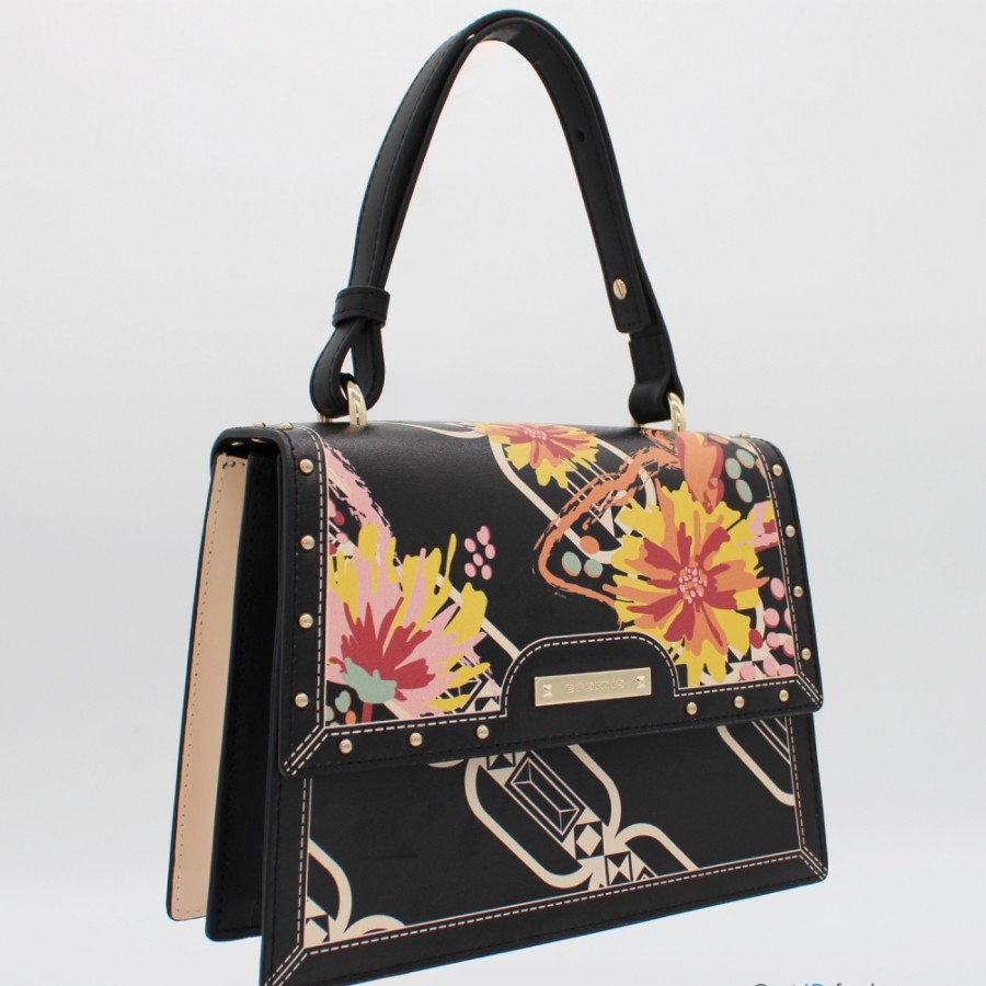 Sacs Pour Dames Cromie | Sac A Main Cartable En Cuir Noir Cromia Avec Motif Floral, Fabrique En Italie 1405519_Ne