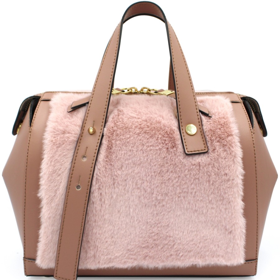 Sacs Pour Dames ARCADIE | Sac Bowler Arcadia En Forme De Sculpture Geometrique En Cuir Rose Et Fourrure Ecologique 4698