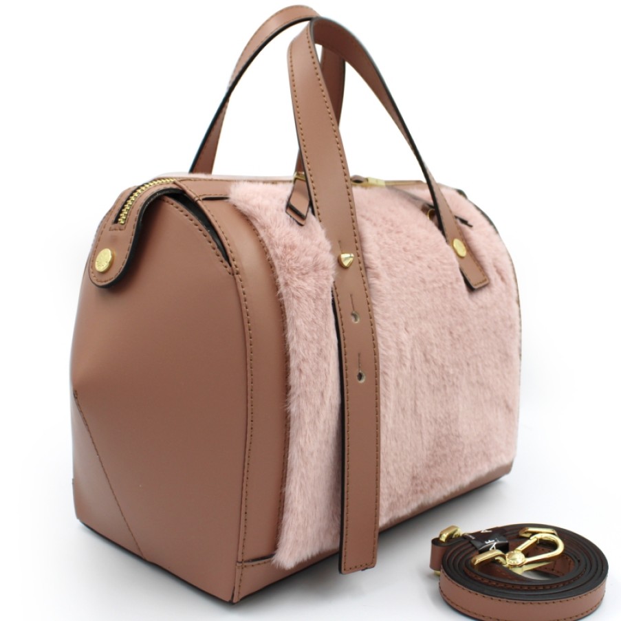 Sacs Pour Dames ARCADIE | Sac Bowler Arcadia En Forme De Sculpture Geometrique En Cuir Rose Et Fourrure Ecologique 4698