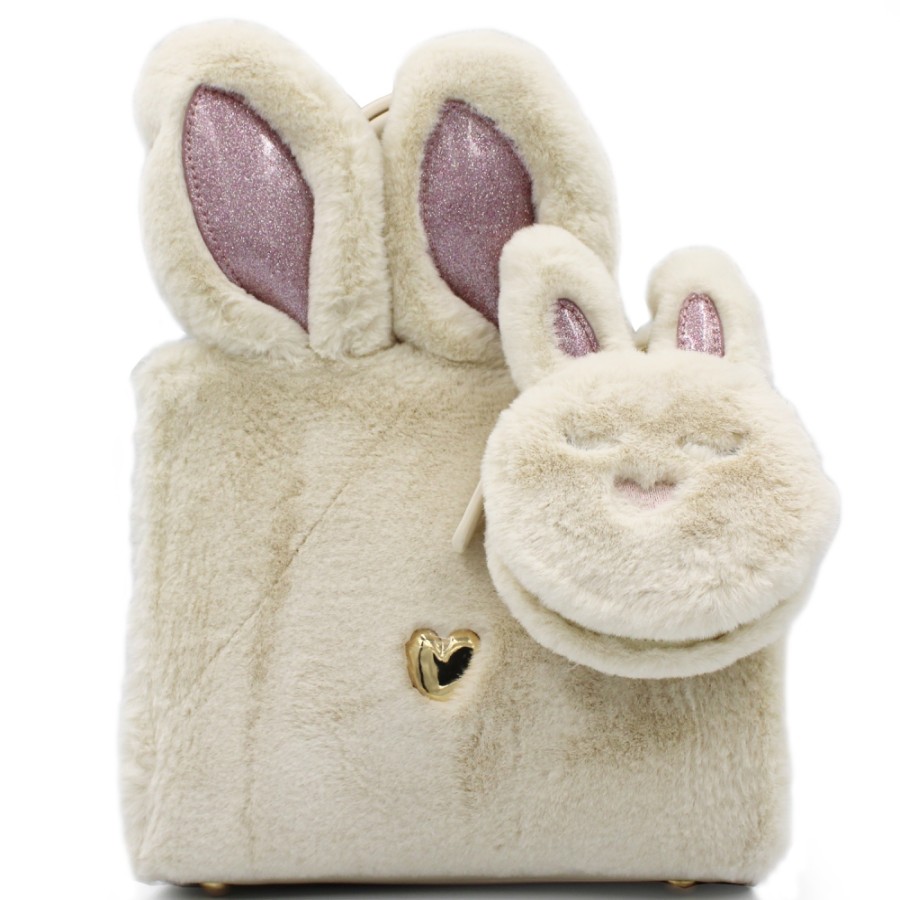 Sacs Pour Dames Braccialini | Braccialini Sac Creatif En Fausse Fourrure Beige En Forme De Lapin, Avec Breloque En Peluche B16874