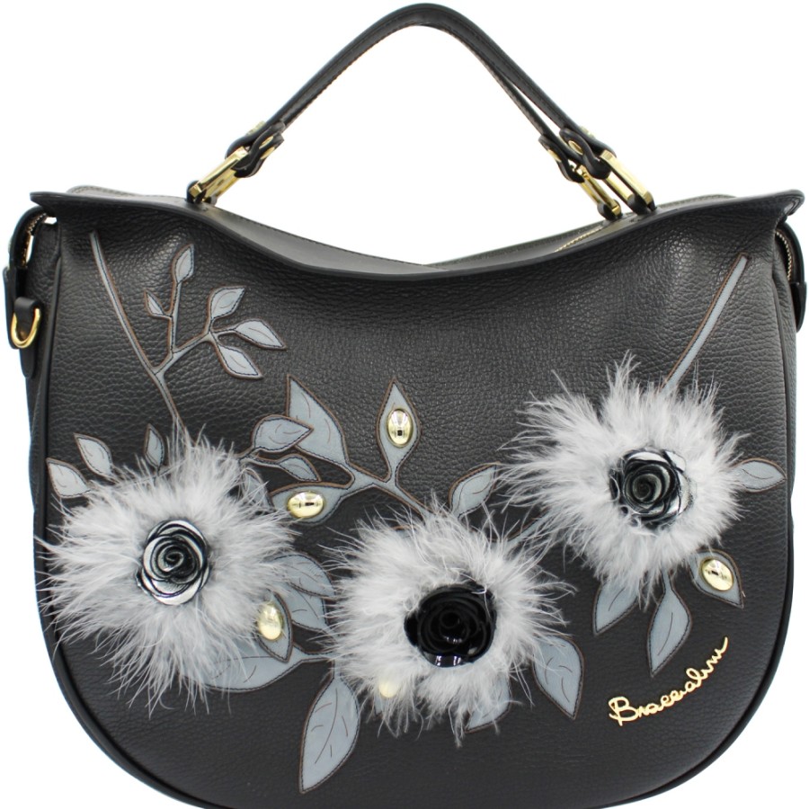 Sacs Pour Dames Braccialini | Sac En Cuir Noir Braccialini Avec Appliques De Fleurs Et De Plumes Faites A La Main B13481