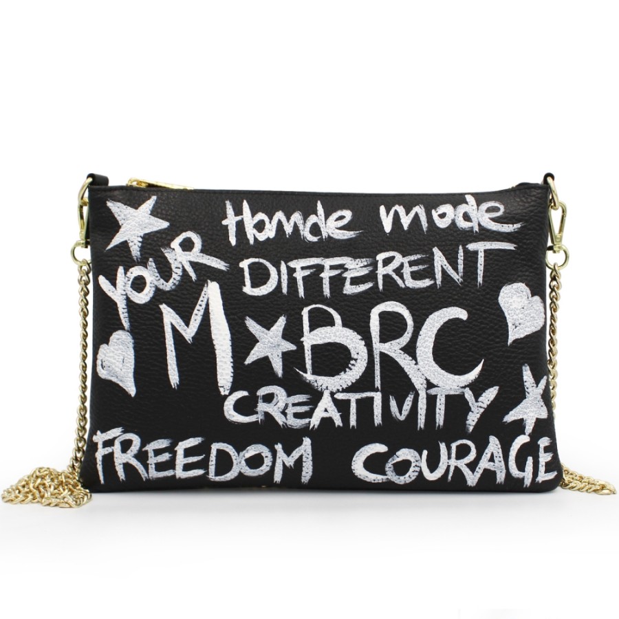 Sacs Pour Dames M*BRC | M*Brc Pochette En Cuir Noir Avec Motif Graffiti Peint A La Main F241_Nero