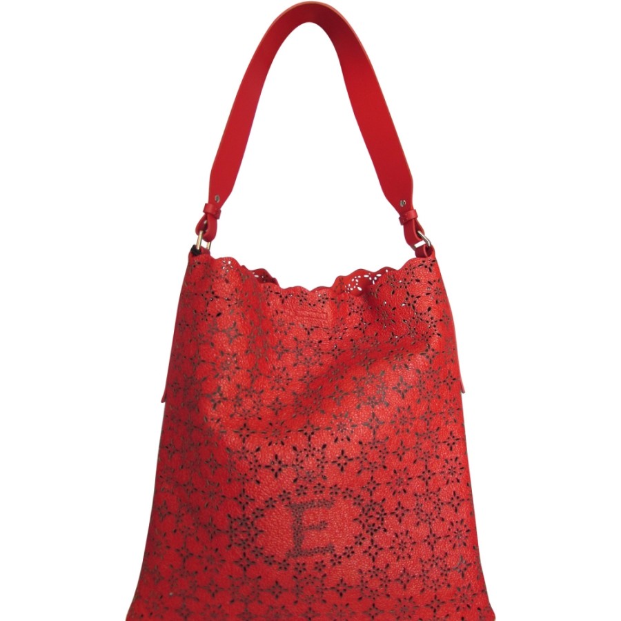 Sacs Pour Dames ERMANNO Ermanno Scervino | Ermanno Ermanno Scervino Sac Hobo En Cuir Rouge Perfore Avec Effet Vintage Et Dentelle 12400336