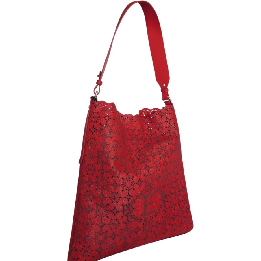 Sacs Pour Dames ERMANNO Ermanno Scervino | Ermanno Ermanno Scervino Sac Hobo En Cuir Rouge Perfore Avec Effet Vintage Et Dentelle 12400336