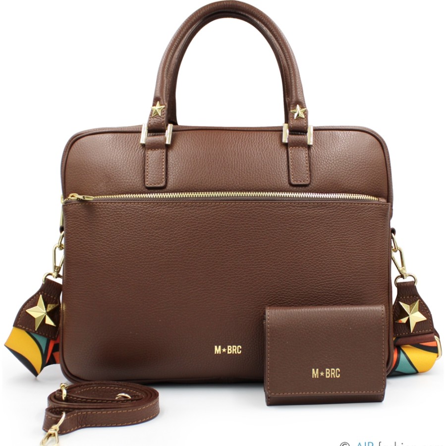 Sacs D'Affaires M*BRC | M*Brc Sac Business + Portefeuille Pour Femme En Cuir Marron, Fabrique En Italie F115_M