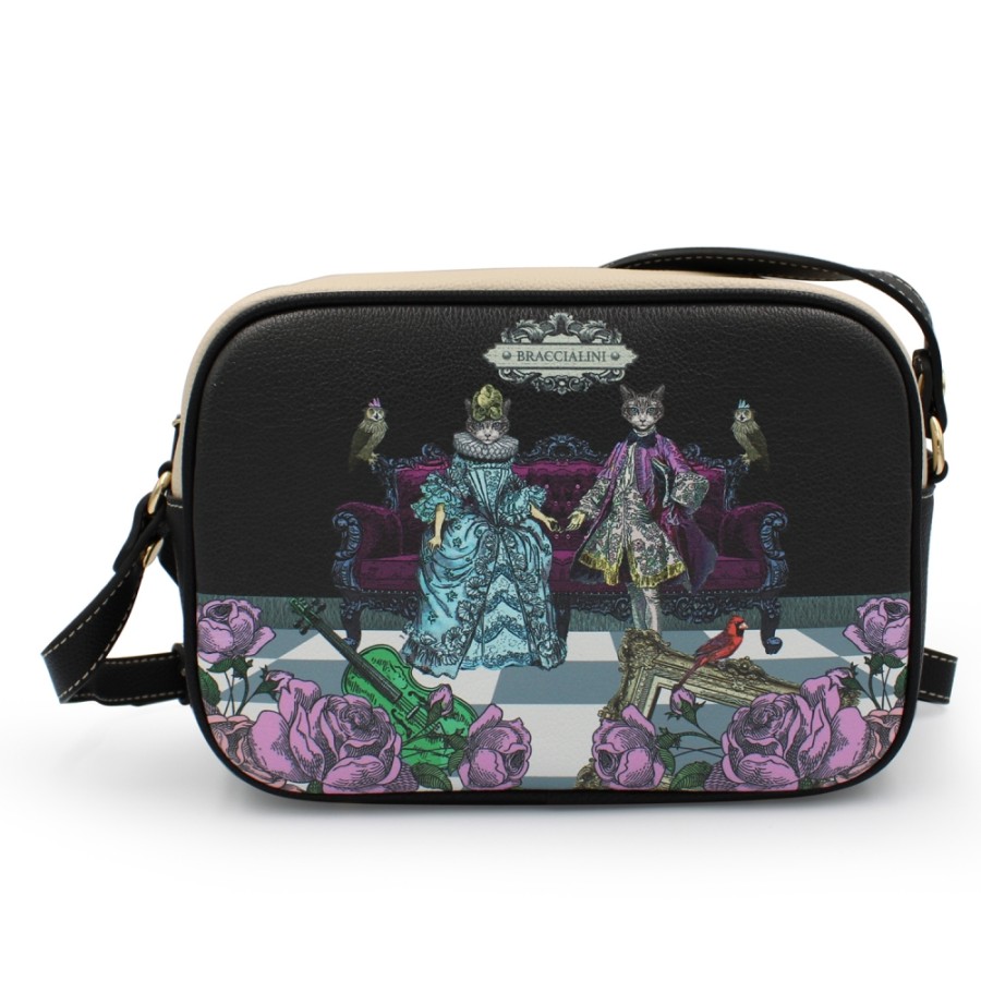 Sacs Pour Dames Braccialini | Braccialini Mini Sac A Bandouliere Rectangulaire Noir Avec Un Imprime Colore De Chats De Style Renaissance B16104-100