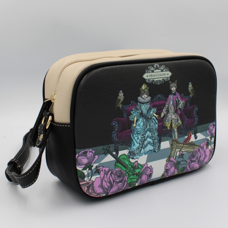 Sacs Pour Dames Braccialini | Braccialini Mini Sac A Bandouliere Rectangulaire Noir Avec Un Imprime Colore De Chats De Style Renaissance B16104-100