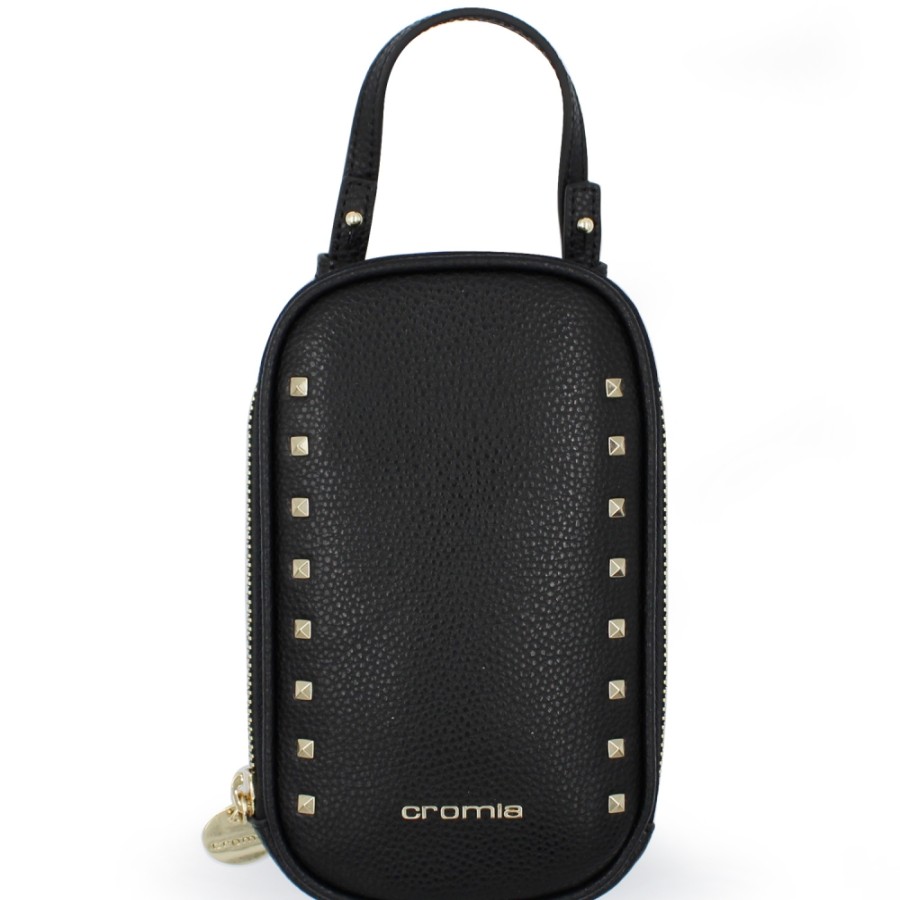 Accessoires Pour Dames Cromie | Sac En Cuir Noir Pour Femme Cromia Pour Telephone Portable, Avec Clous, Fabrique En Italie 2600264