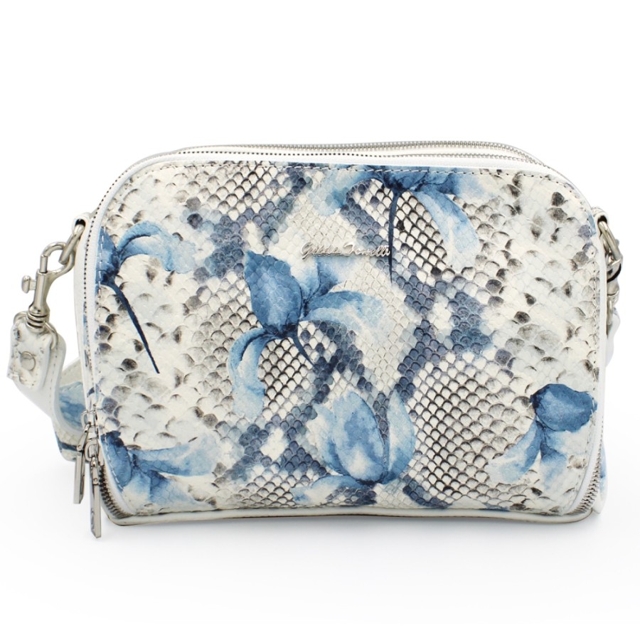 Sacs Pour Dames Gilda Tonelli | Gilda Tonelli Sac A Bandouliere Avec 3 Compartiments En Cuir Blanc Avec Ornement Floral 0072