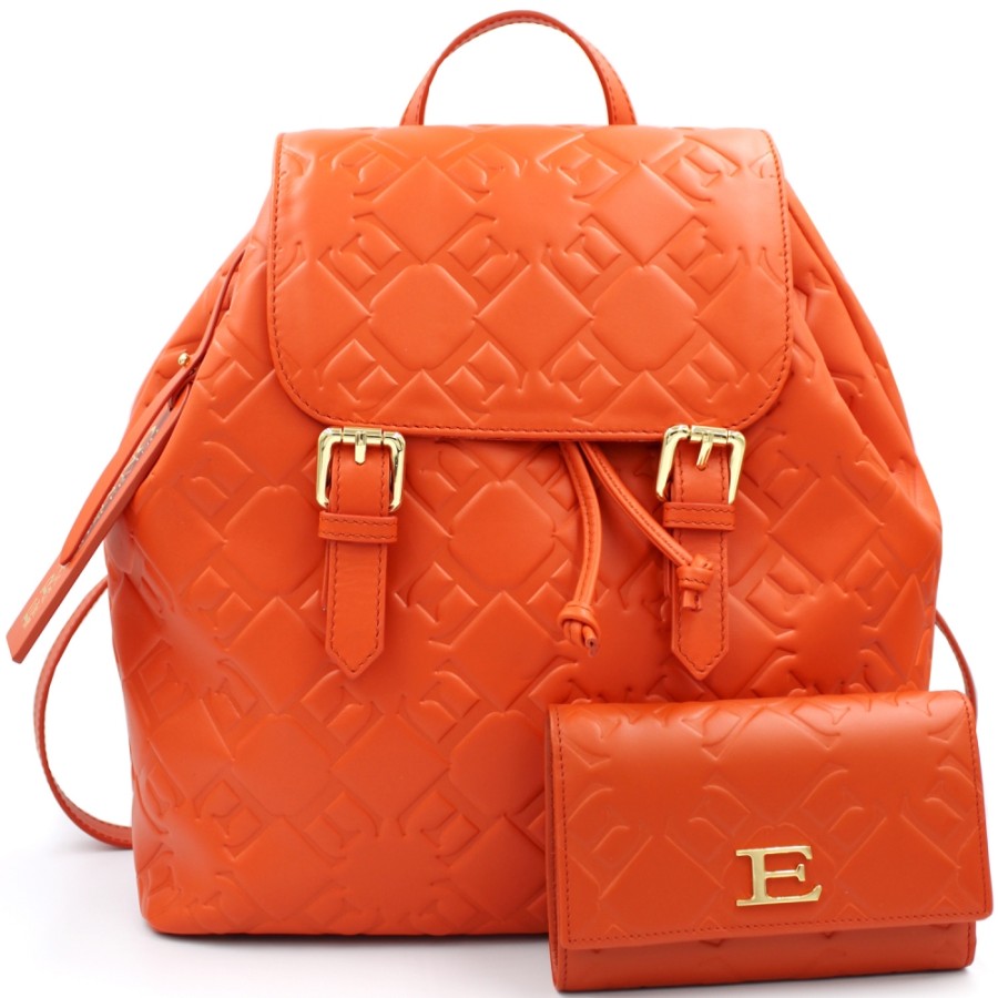 Sacs Pour Dames ERMANNO Ermanno Scervino | Ermanno Ermanno Scervino Sac A Dos De Createur Avec Portefeuille Assorti En Cuir Orange Avec Monogrammes 12400779E12600181