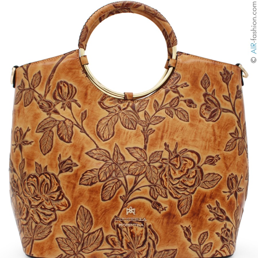 Sacs Pour Dames Cuoieria Fiorentina | Cuoieria Fiorentina Sac Fourre-Tout En Cuir Toscan Beige-Ocre A Motif Floral, Fabrique En Italie B000005569385