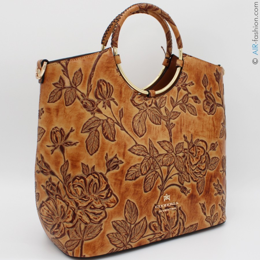 Sacs Pour Dames Cuoieria Fiorentina | Cuoieria Fiorentina Sac Fourre-Tout En Cuir Toscan Beige-Ocre A Motif Floral, Fabrique En Italie B000005569385