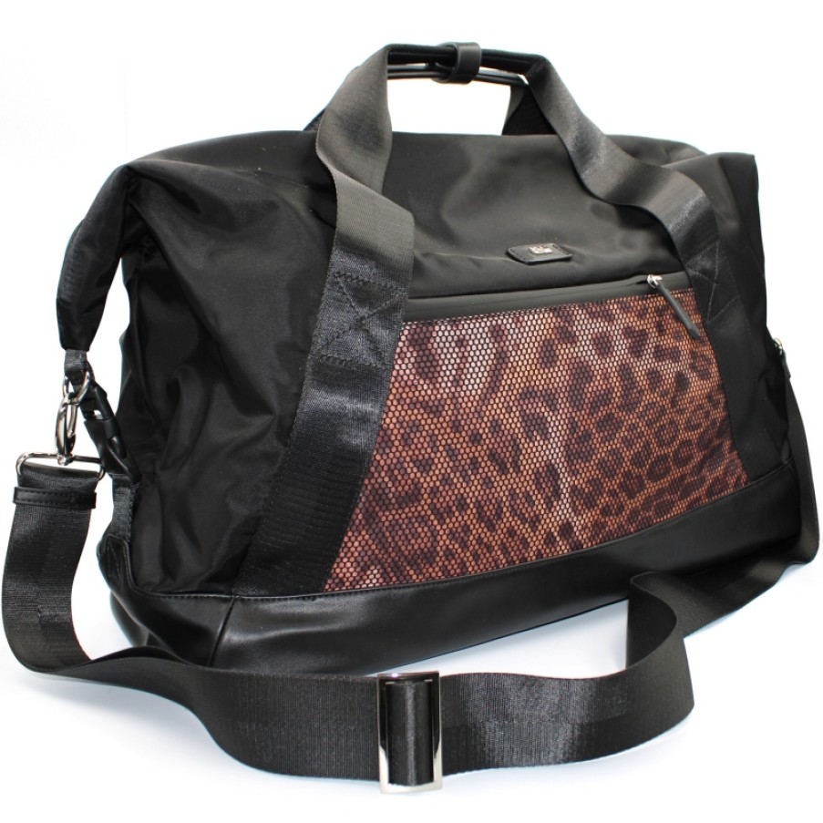 Bagages : Sacs De Voyage Et Valises CLASSE Cavalli | Sac De Voyage / Week-End / Sac De Sport Cavalli Class En Nylon Noir Avec Imprime Leopard C2Apmcsv005Zd38