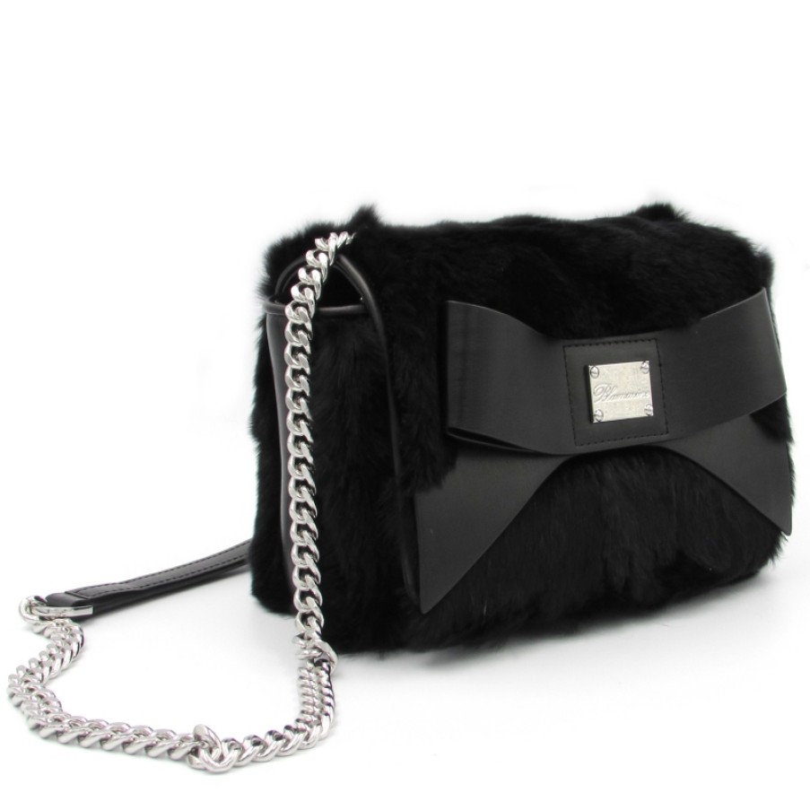 Sacs Pour Dames Blumarine | Mini Sac De Createur En Fourrure Noire Blumarine Decore D'Un Noeud B83Pwb580012999