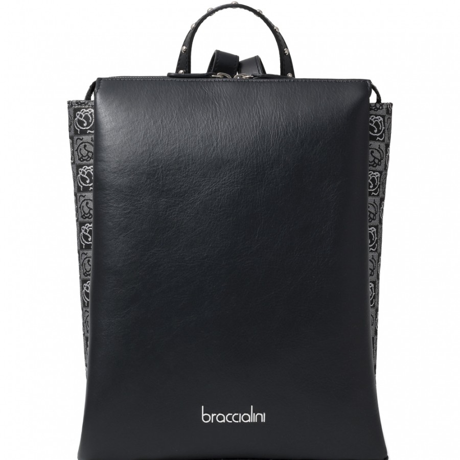 Sacs Pour Dames Braccialini | Sac A Dos Braccialini En Cuir Noir Et Jacquard Avec Roses Fabrique En Italie B14364