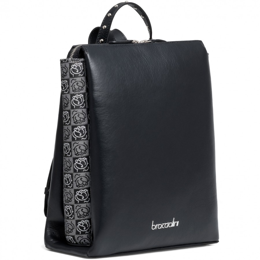 Sacs Pour Dames Braccialini | Sac A Dos Braccialini En Cuir Noir Et Jacquard Avec Roses Fabrique En Italie B14364