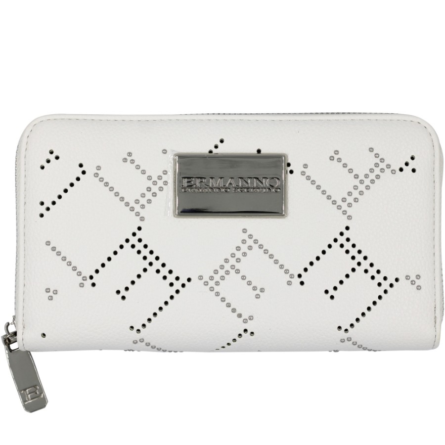 Accessoires Pour Dames ERMANNO Ermanno Scervino | Ermanno Ermanno Scervino Portefeuille Zippe Blanc Avec Ornement Perfore Avec Rivets 12600222