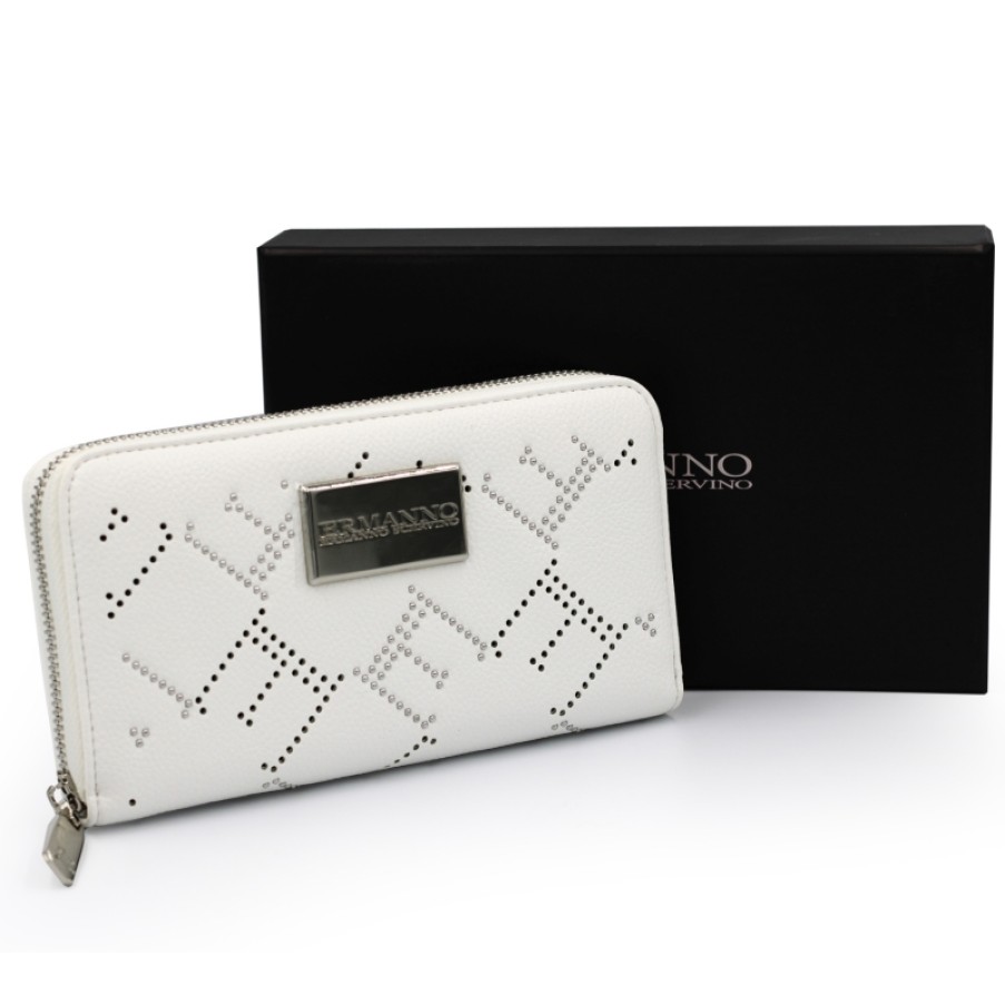 Accessoires Pour Dames ERMANNO Ermanno Scervino | Ermanno Ermanno Scervino Portefeuille Zippe Blanc Avec Ornement Perfore Avec Rivets 12600222