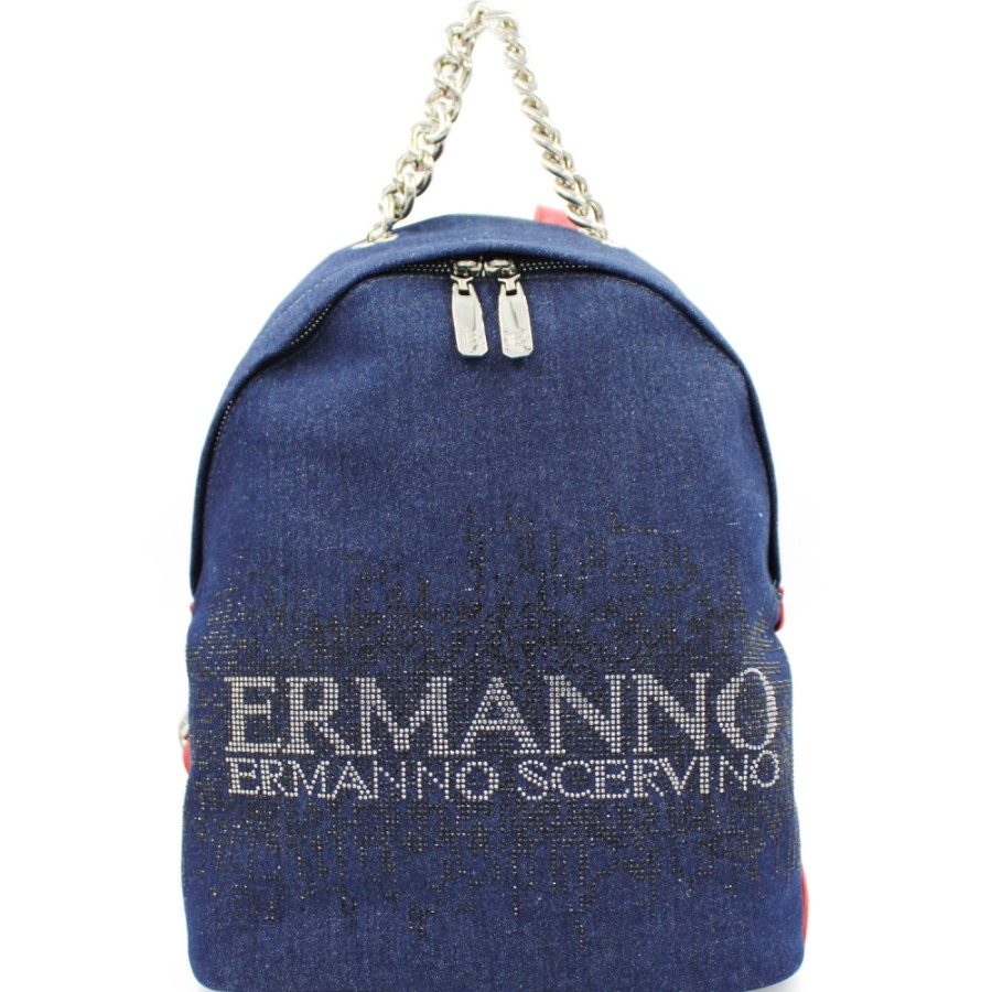 Sacs Pour Dames ERMANNO Ermanno Scervino | Ermanno Ermanno Scervino Sac A Dos En Tissu Jeans Avec Logo Applique De Cristaux 12400931