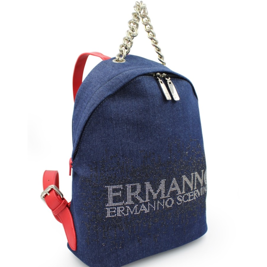 Sacs Pour Dames ERMANNO Ermanno Scervino | Ermanno Ermanno Scervino Sac A Dos En Tissu Jeans Avec Logo Applique De Cristaux 12400931