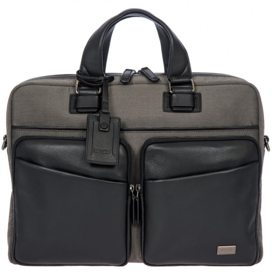 Sacs D'Affaires LES BRIC | Bric'S Sac Business Pour Documents / Ordinateur Portable 15 En Cuir Noir Et Tissu Gris M Br207705.104