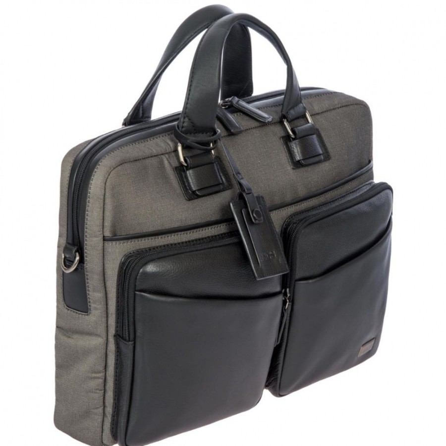 Sacs D'Affaires LES BRIC | Bric'S Sac Business Pour Documents / Ordinateur Portable 15 En Cuir Noir Et Tissu Gris M Br207705.104