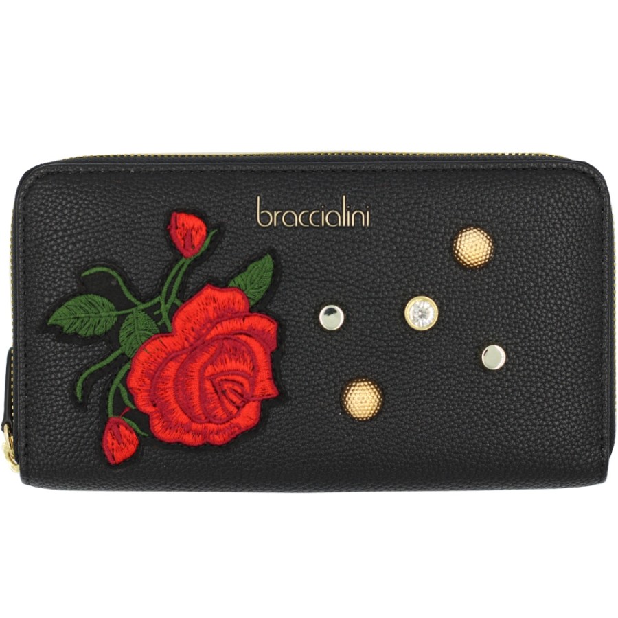 Accessoires Pour Dames Braccialini | Braccialini Portefeuille Noir Avec Fermeture Eclair, Avec Rose Brodee Et Cristaux B14350-Rock