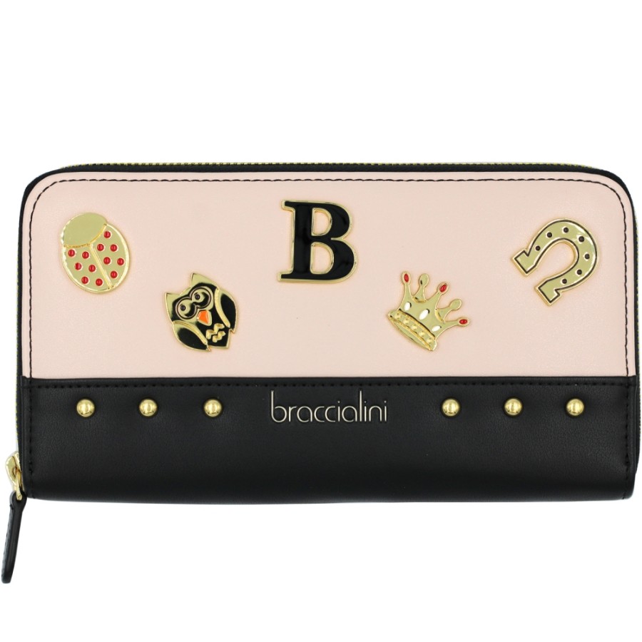 Accessoires Pour Dames Braccialini | Braccialini Portefeuille Avec Fermeture Eclair, Rose Et Noir, Avec Application D'Autocollants Metalliques B14350-126-As