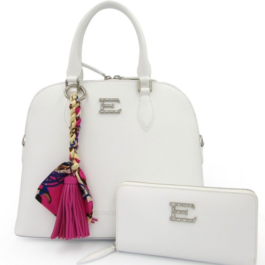 Sacs Pour Dames ERMANNO Ermanno Scervino | Ermanno Ermanno Scervino Ensemble Elegant En Cuir Blanc Sac Bugatti Avec Portefeuille Assorti 1240031312600086