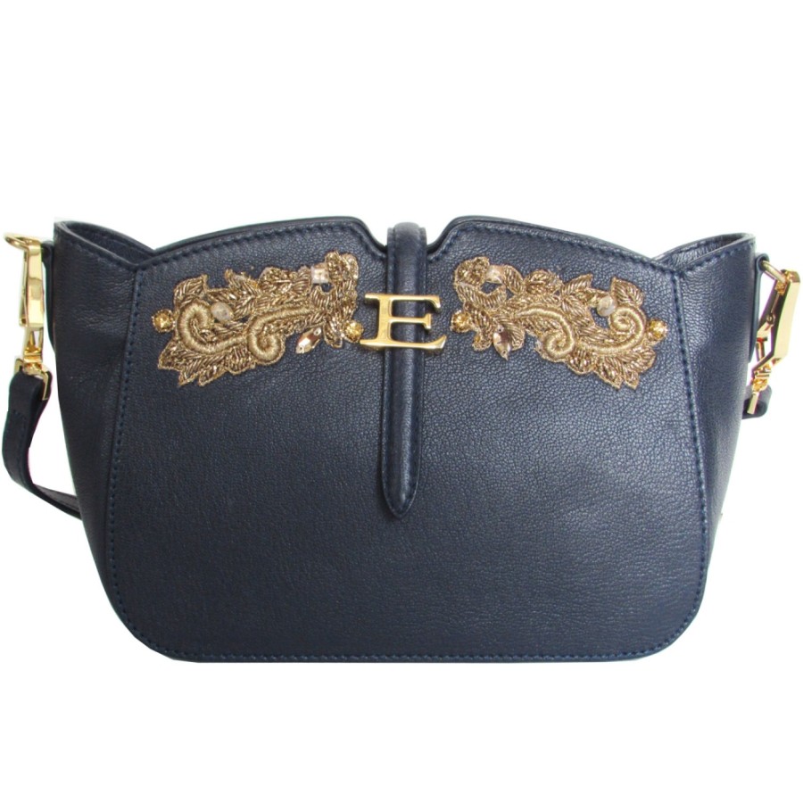 Sacs Pour Dames ERMANNO Ermanno Scervino | Ermanno Ermanno Scervino Pochette En Cuir Bleu Avec Broderie Doree Fabriquee En Italie 12400164