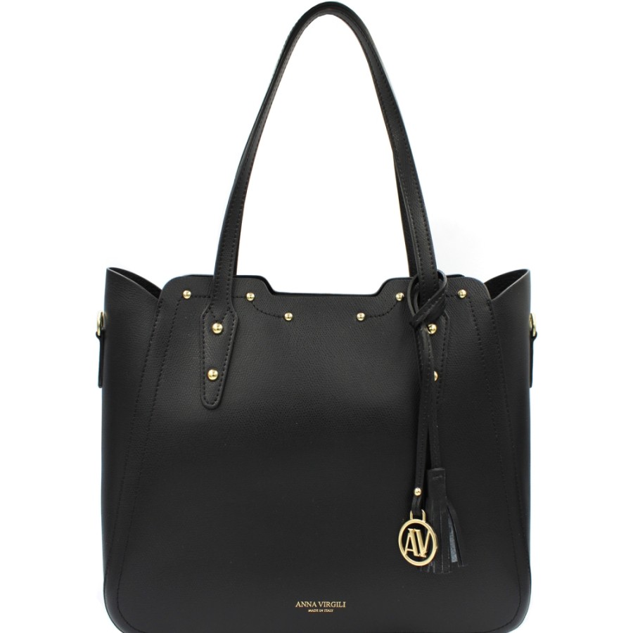 Sacs Pour Dames ANNA VIRGILE | Anna Virgili Shopper Sac En Cuir Noir Avec Bandouliere Amovible Fabrique En Italie Acwhviwlmel