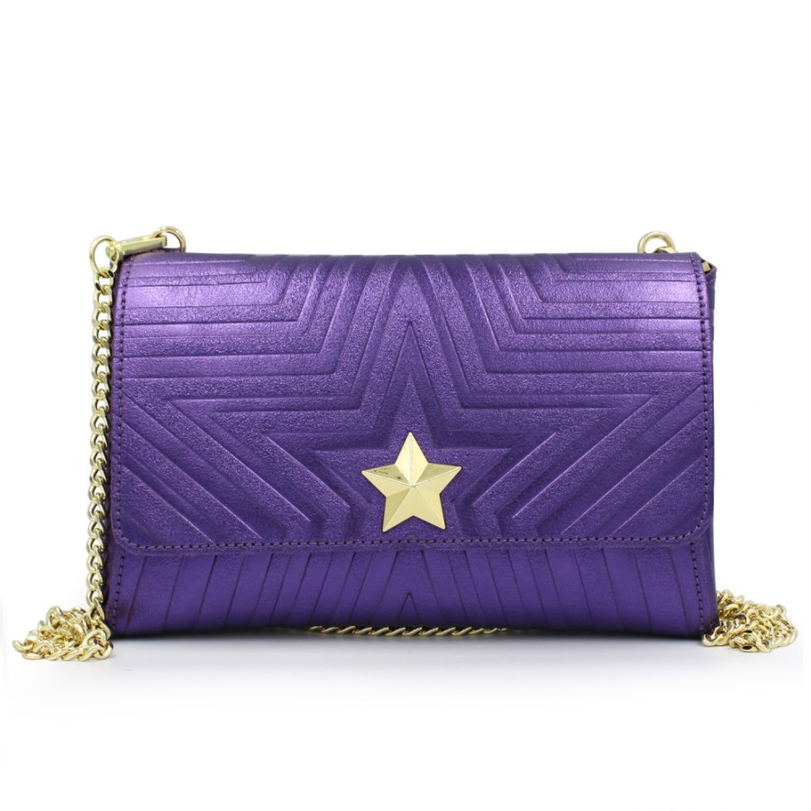 Sacs Pour Dames M*BRC | M*Brc Pochette En Cuir Metallise Violet Avec Bandouliere En Chaine F223_Viola