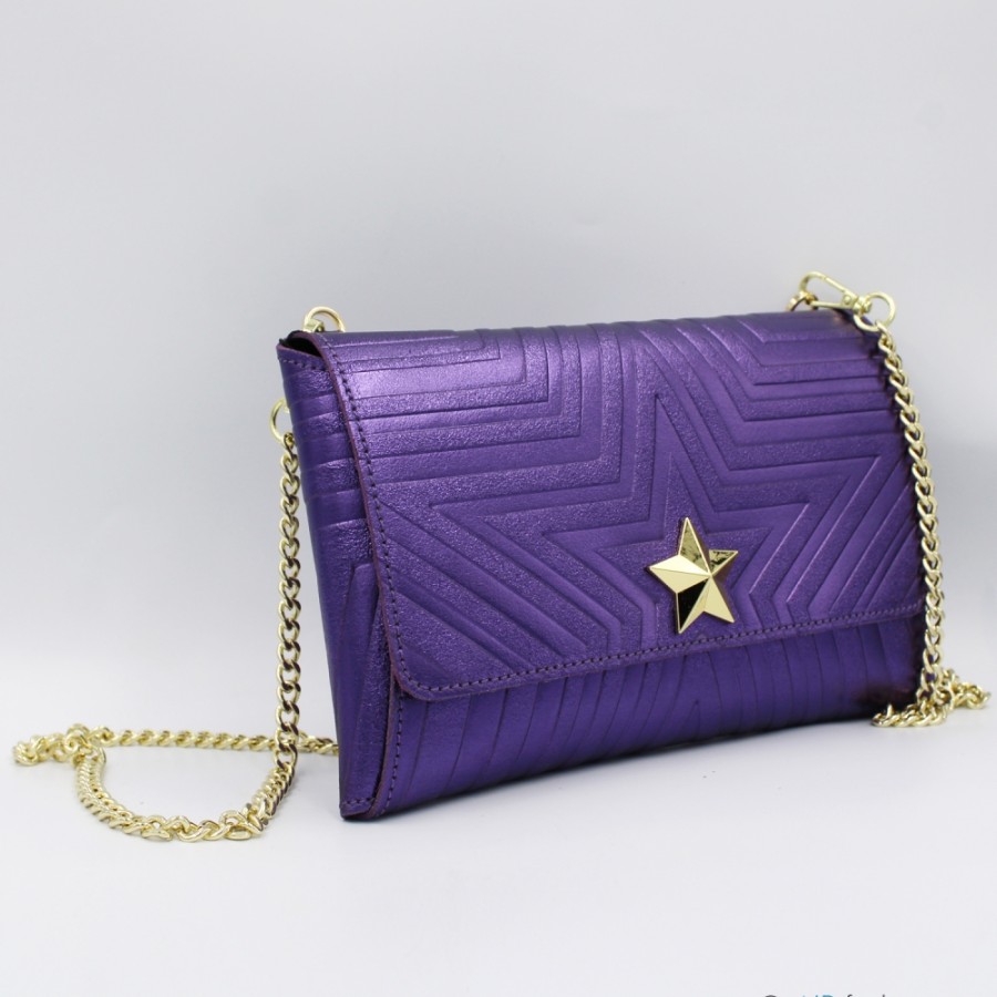 Sacs Pour Dames M*BRC | M*Brc Pochette En Cuir Metallise Violet Avec Bandouliere En Chaine F223_Viola