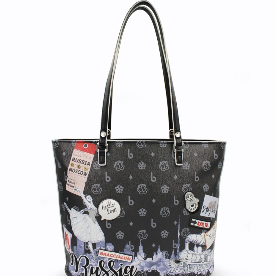 Sacs Pour Dames Braccialini | Sac Shopping Braccialini Avec Appliques Et Broderies, Theme Russie, Couleur Noire B16406